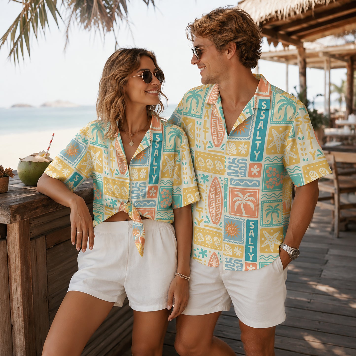 HW-409-Retro Salty Surfboard Graphic Block Print Short Sleeve Button Down Beach Hawaiian Shirt