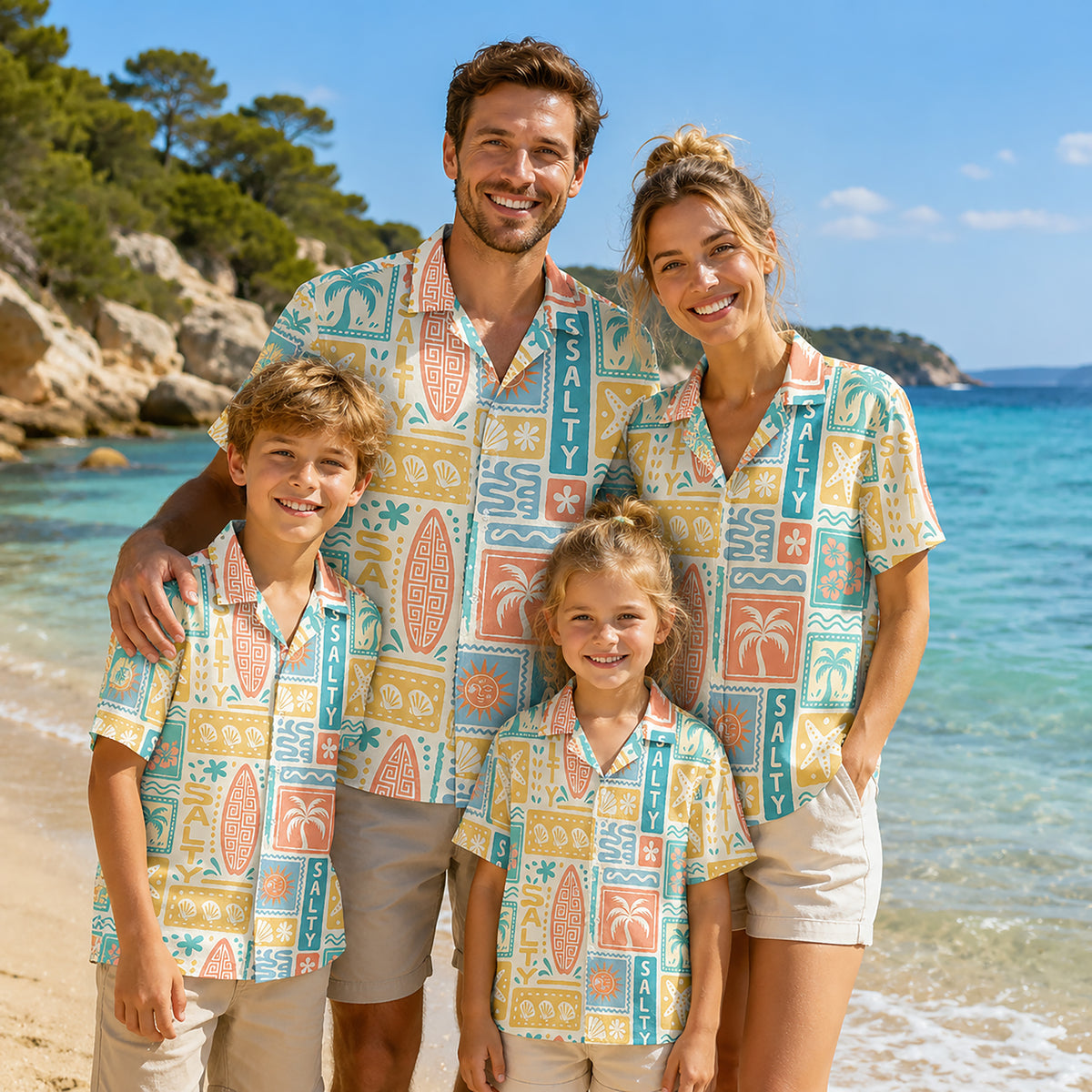HW-409-Retro Salty Surfboard Graphic Block Print Short Sleeve Button Down Beach Hawaiian Shirt