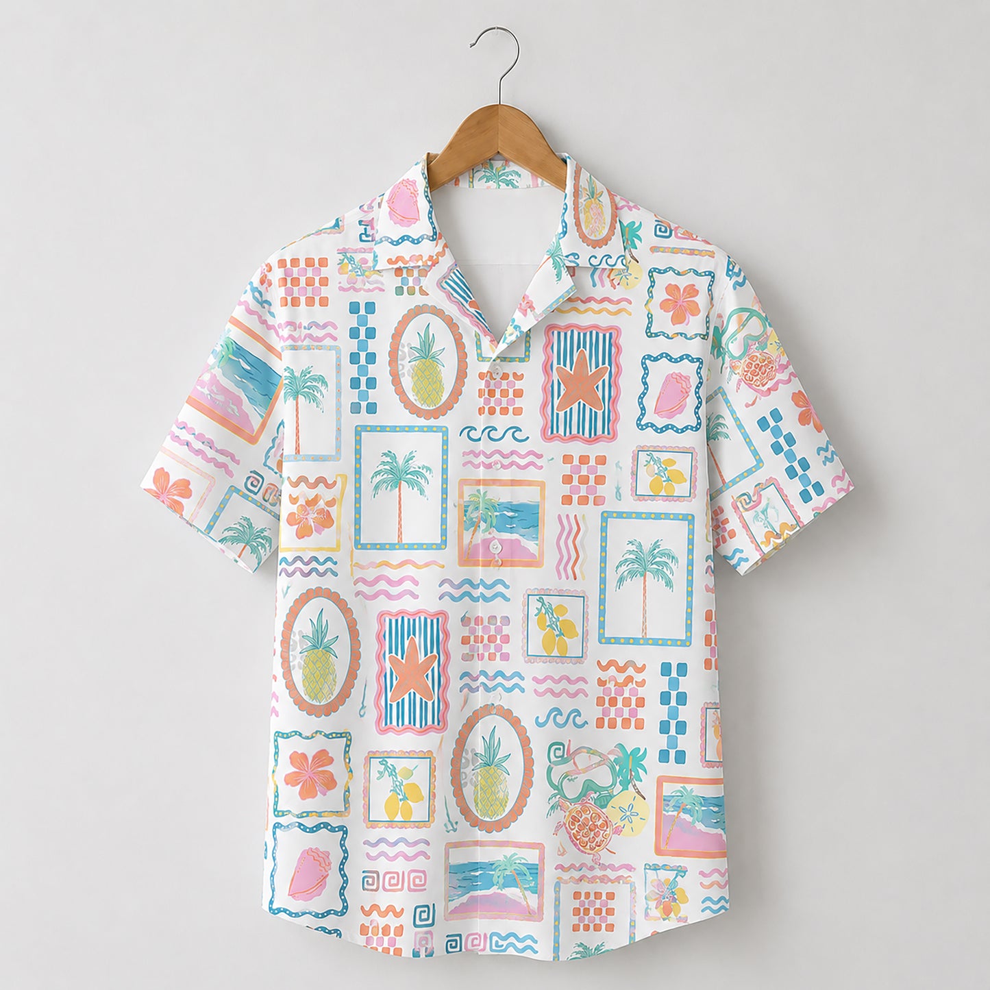 HW-410-Vintage Pastel Pineapple and Palm Beach Framed Graphic Short Sleeve Hawaiian Camp Shirt