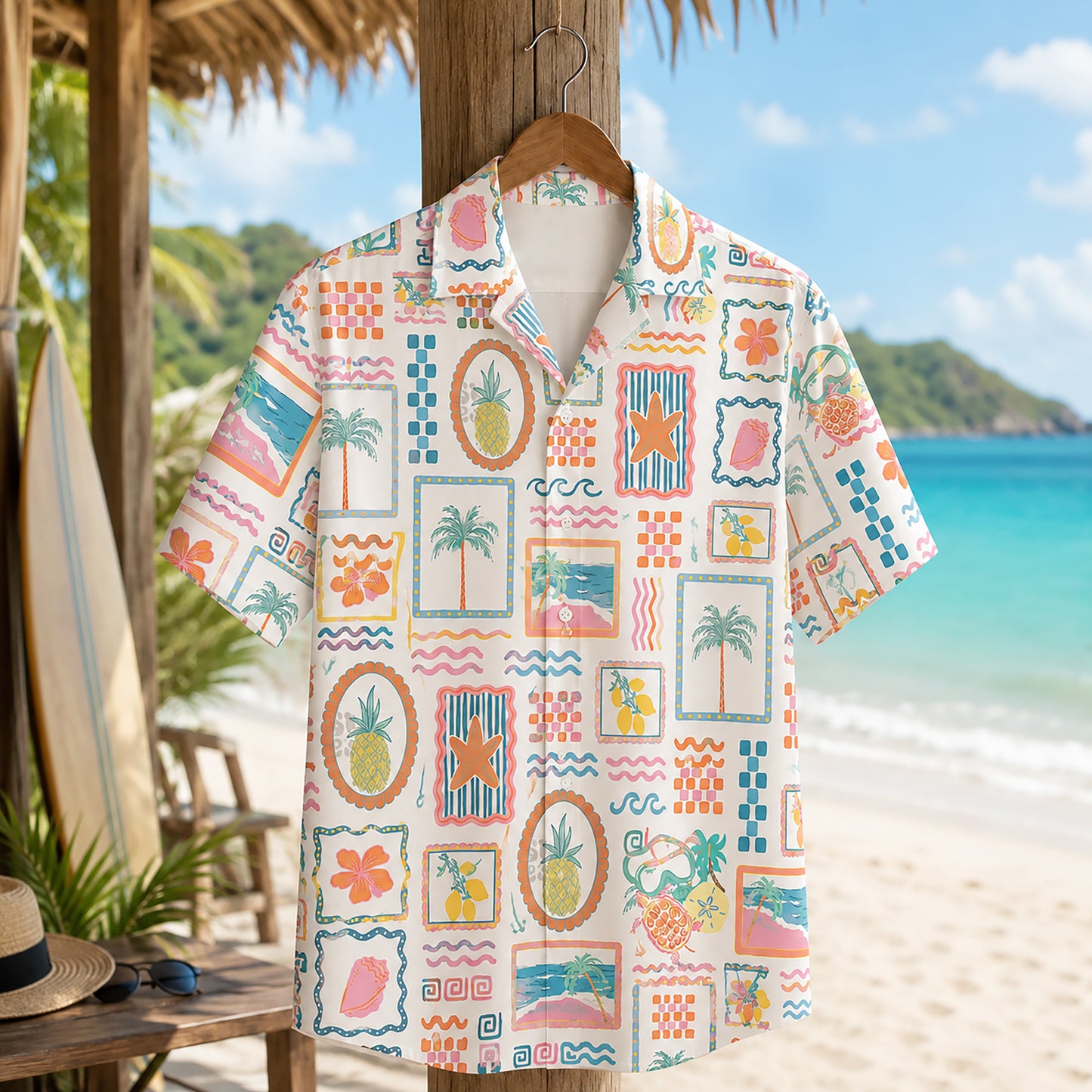 HW-410-Vintage Pastel Pineapple and Palm Beach Framed Graphic Short Sleeve Hawaiian Camp Shirt