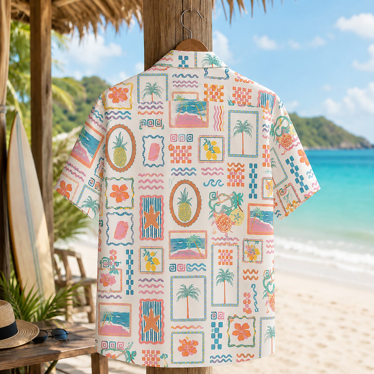 HW-410-Vintage Pastel Pineapple and Palm Beach Framed Graphic Short Sleeve Hawaiian Camp Shirt