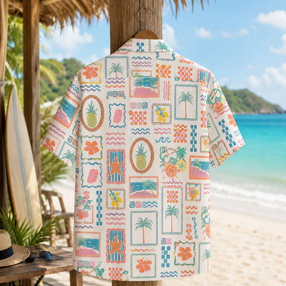 HW-410-Vintage Pastel Pineapple and Palm Beach Framed Graphic Short Sleeve Hawaiian Camp Shirt