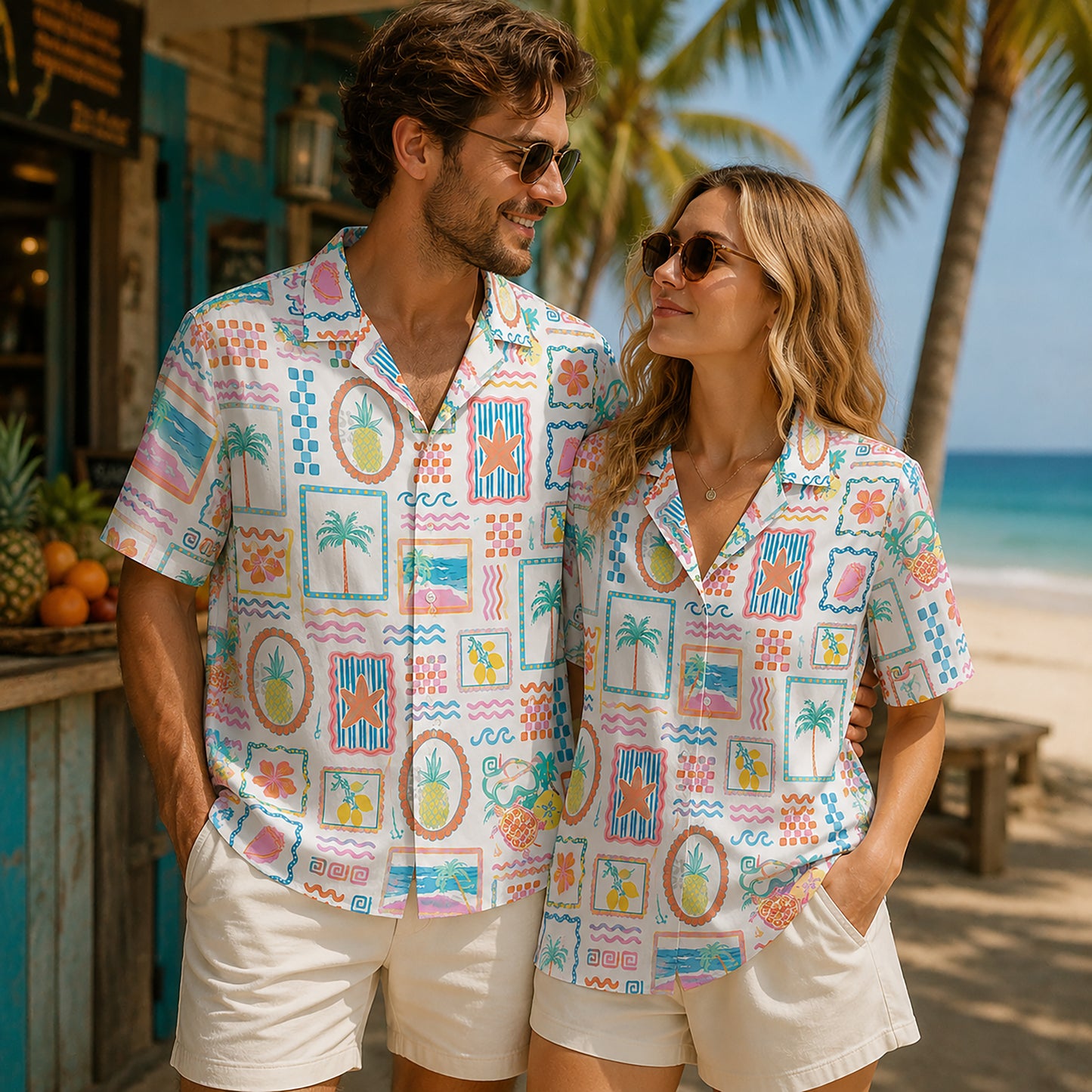 HW-410-Vintage Pastel Pineapple and Palm Beach Framed Graphic Short Sleeve Hawaiian Camp Shirt