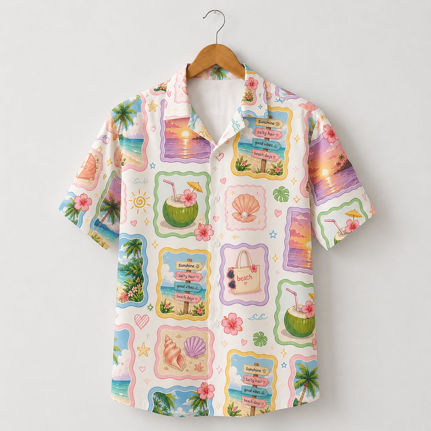 HW-411-Soft Pastel Beach Scenery Patchwork Print Camp Collar Short Sleeve Aloha Vacation Shirt