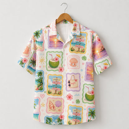 HW-411-Soft Pastel Beach Scenery Patchwork Print Camp Collar Short Sleeve Aloha Vacation Shirt