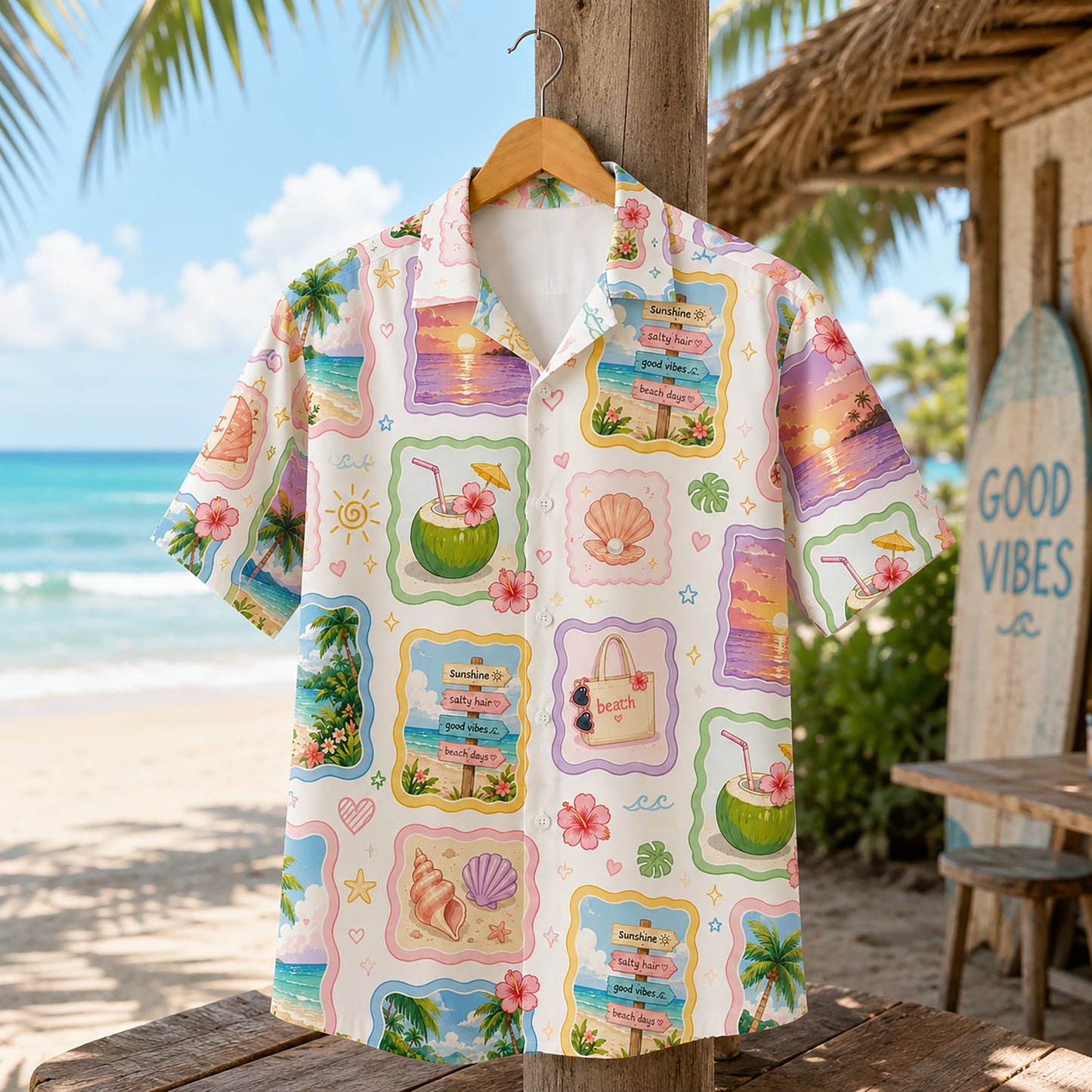 HW-411-Soft Pastel Beach Scenery Patchwork Print Camp Collar Short Sleeve Aloha Vacation Shirt