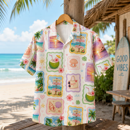 HW-411-Soft Pastel Beach Scenery Patchwork Print Camp Collar Short Sleeve Aloha Vacation Shirt
