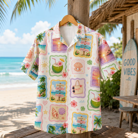 HW-411-Soft Pastel Beach Scenery Patchwork Print Camp Collar Short Sleeve Aloha Vacation Shirt