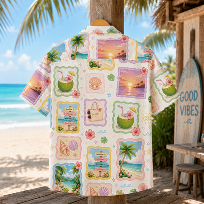 HW-411-Soft Pastel Beach Scenery Patchwork Print Camp Collar Short Sleeve Aloha Vacation Shirt