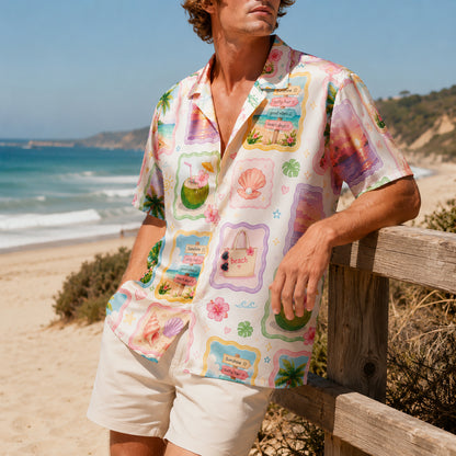 HW-411-Soft Pastel Beach Scenery Patchwork Print Camp Collar Short Sleeve Aloha Vacation Shirt