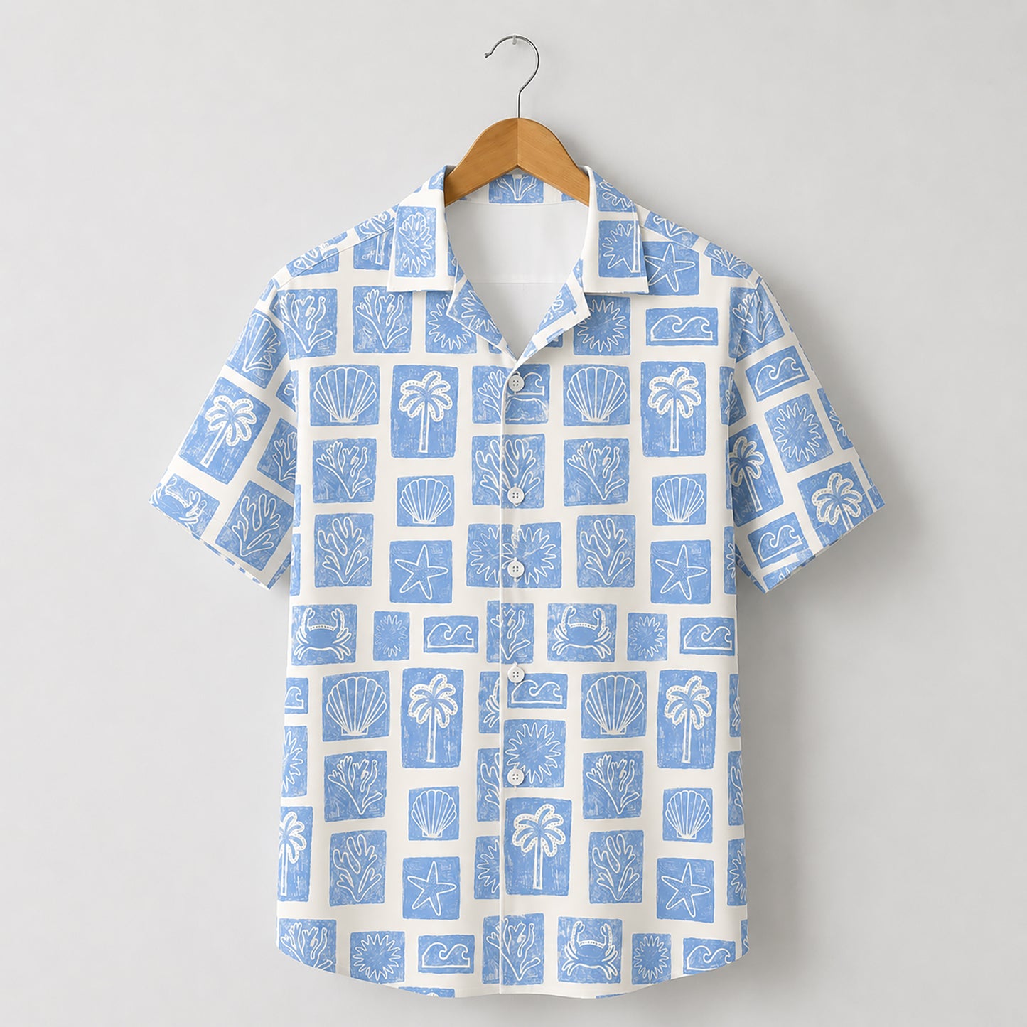 HW-412-Artisanal Coastal Block Print Blue Short Sleeve Camp Collar Resort Hawaiian Shirt