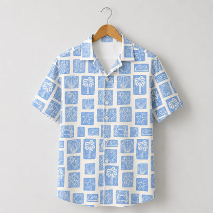 HW-412-Artisanal Coastal Block Print Blue Short Sleeve Camp Collar Resort Hawaiian Shirt