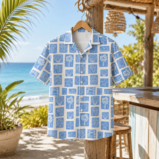 HW-412-Artisanal Coastal Block Print Blue Short Sleeve Camp Collar Resort Hawaiian Shirt