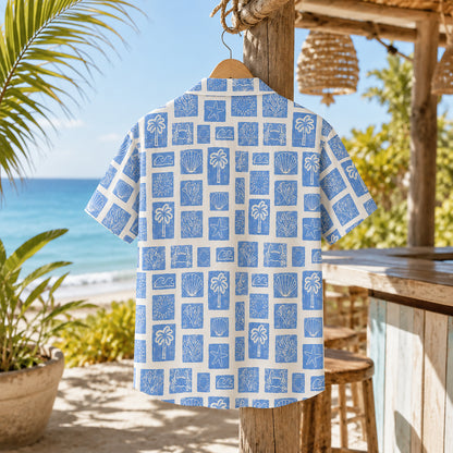 HW-412-Artisanal Coastal Block Print Blue Short Sleeve Camp Collar Resort Hawaiian Shirt