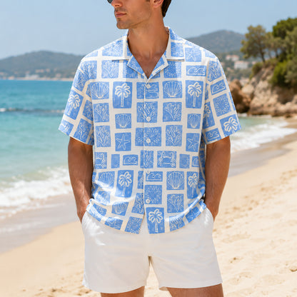 HW-412-Artisanal Coastal Block Print Blue Short Sleeve Camp Collar Resort Hawaiian Shirt