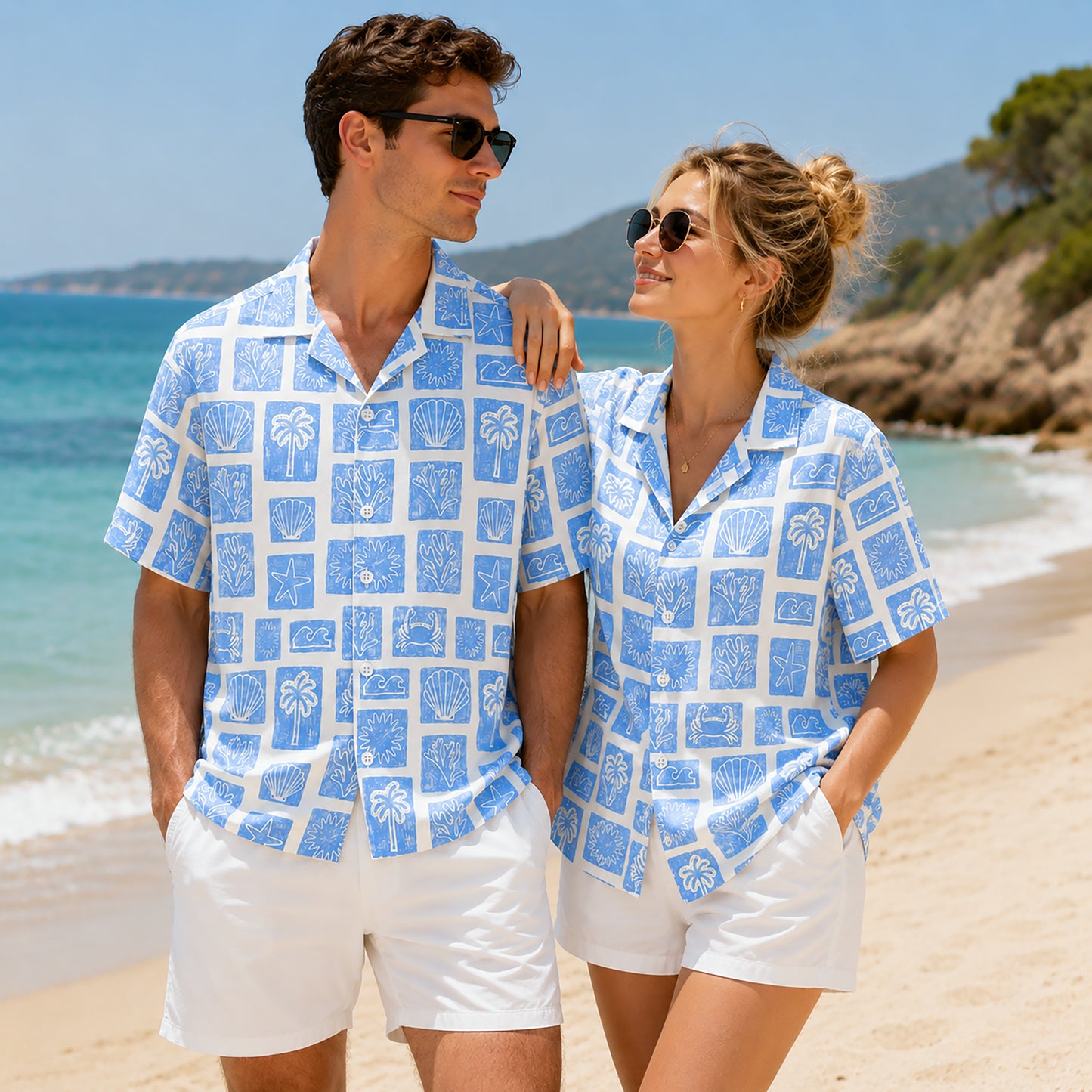 HW-412-Artisanal Coastal Block Print Blue Short Sleeve Camp Collar Resort Hawaiian Shirt