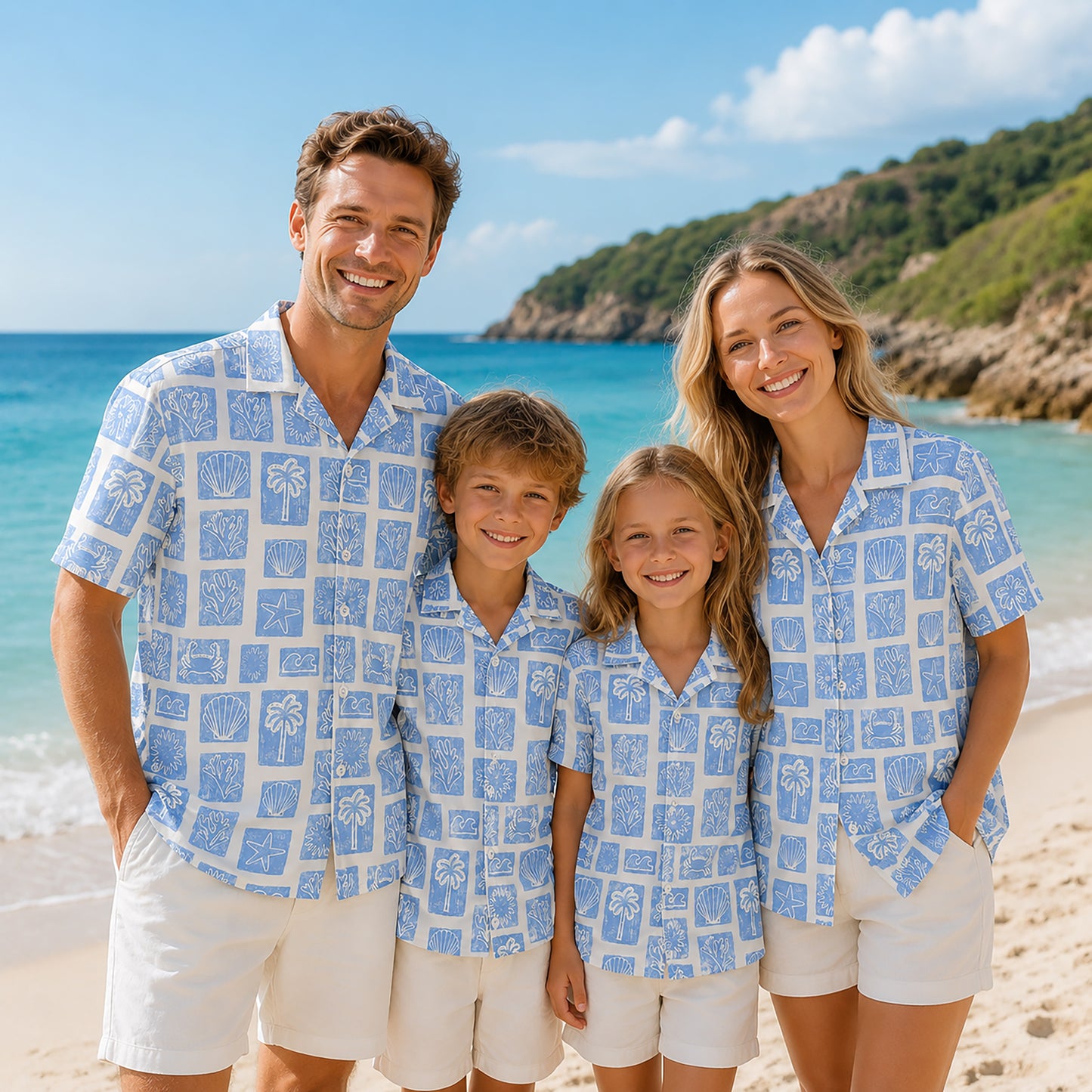 HW-412-Artisanal Coastal Block Print Blue Short Sleeve Camp Collar Resort Hawaiian Shirt