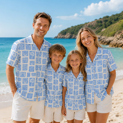 HW-412-Artisanal Coastal Block Print Blue Short Sleeve Camp Collar Resort Hawaiian Shirt