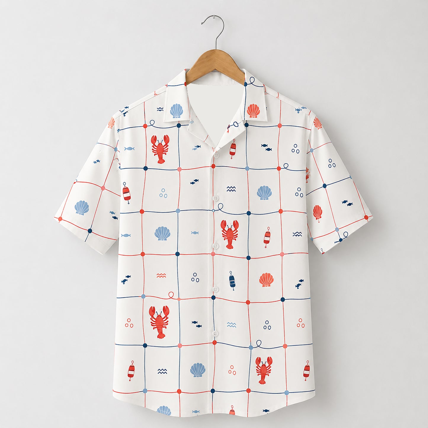 HW-413-Preppy Nautical Lobster and Seashell Grid Print Short Sleeve Button Down Hawaiian Shirt