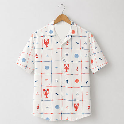 HW-413-Preppy Nautical Lobster and Seashell Grid Print Short Sleeve Button Down Hawaiian Shirt