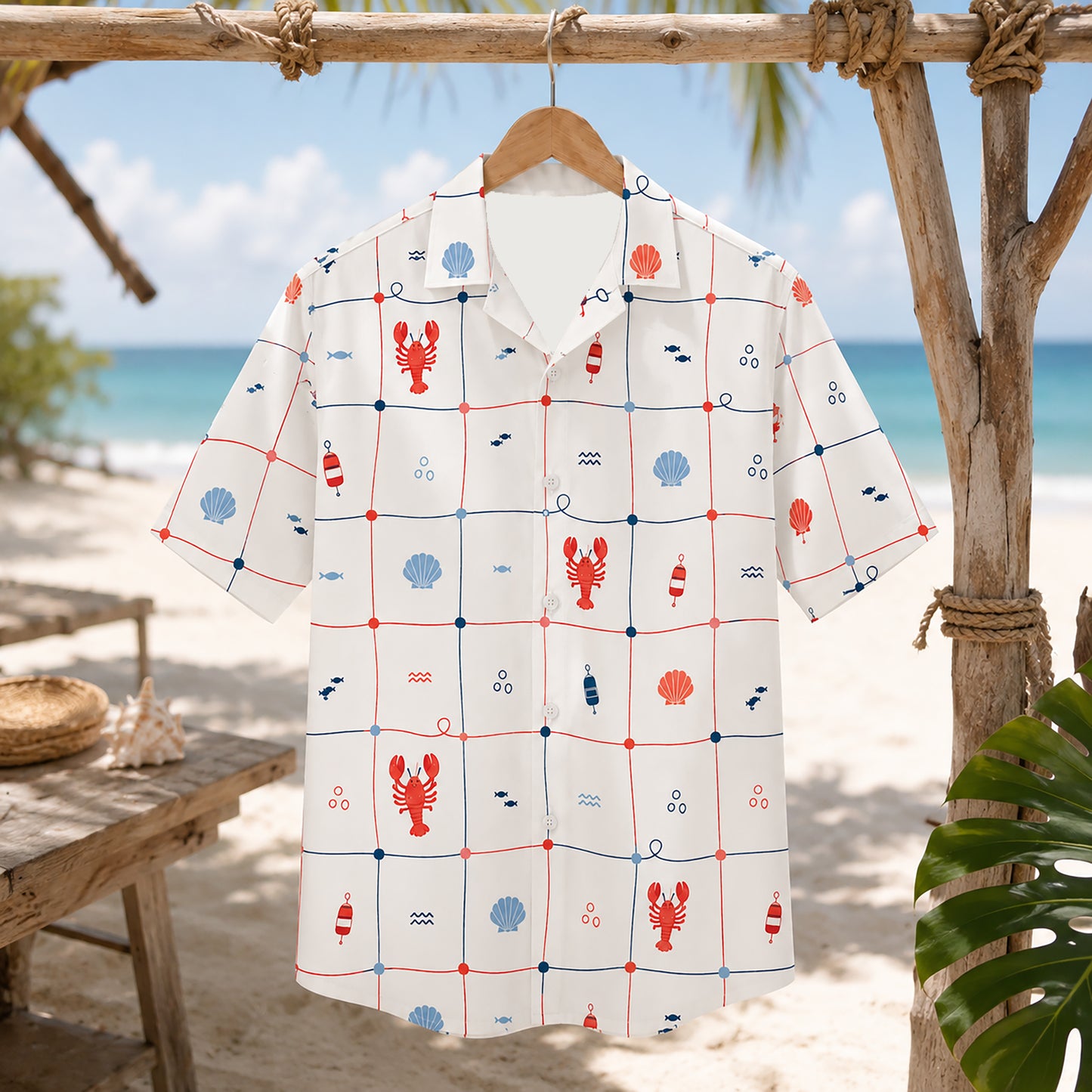 HW-413-Preppy Nautical Lobster and Seashell Grid Print Short Sleeve Button Down Hawaiian Shirt