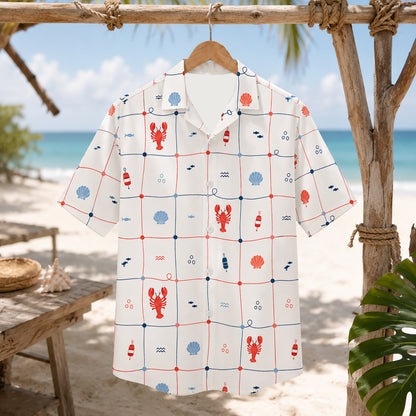 HW-413-Preppy Nautical Lobster and Seashell Grid Print Short Sleeve Button Down Hawaiian Shirt