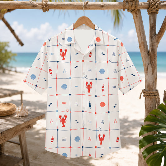 HW-413-Preppy Nautical Lobster and Seashell Grid Print Short Sleeve Button Down Hawaiian Shirt