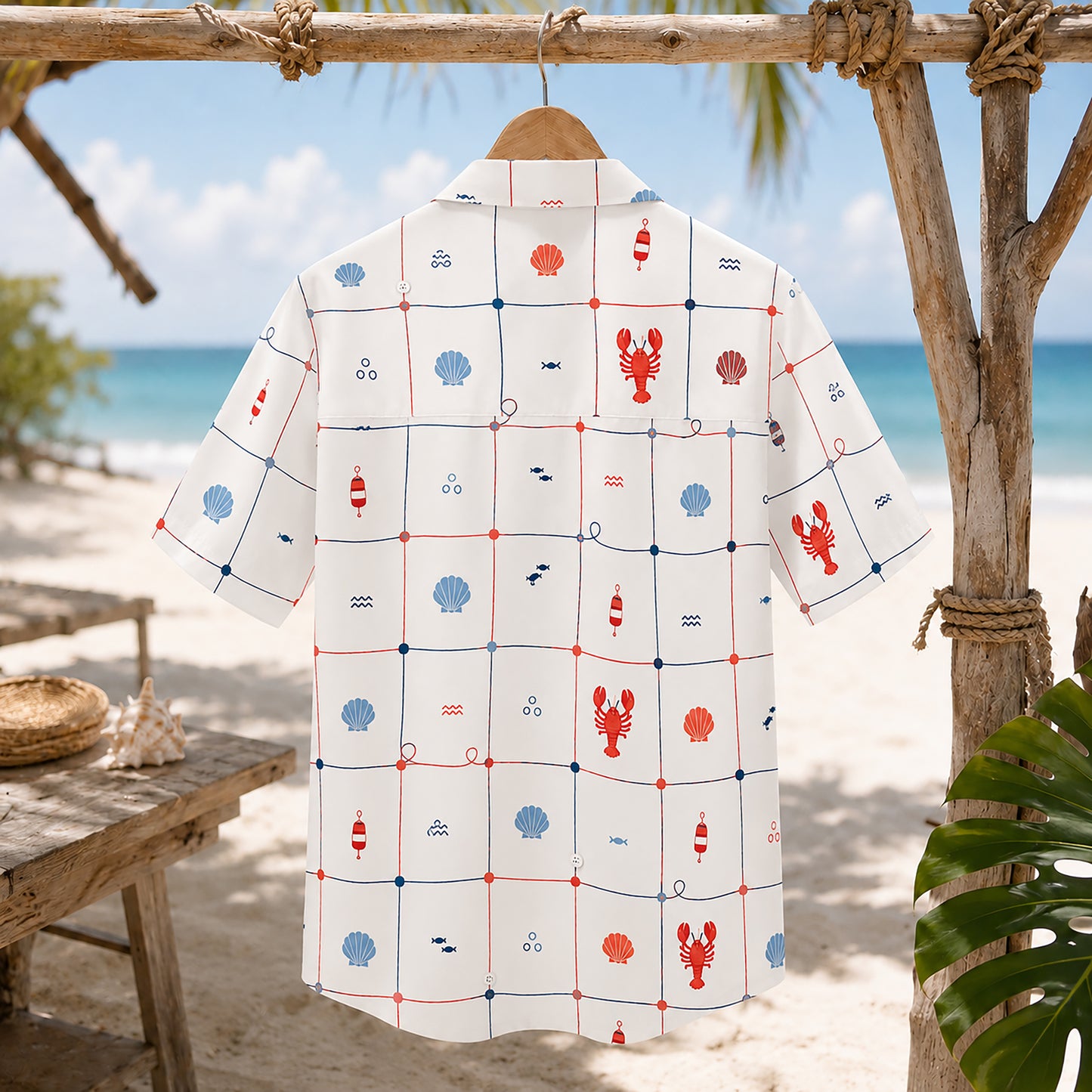 HW-413-Preppy Nautical Lobster and Seashell Grid Print Short Sleeve Button Down Hawaiian Shirt