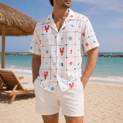 HW-413-Preppy Nautical Lobster and Seashell Grid Print Short Sleeve Button Down Hawaiian Shirt