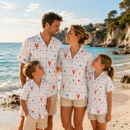 HW-413-Preppy Nautical Lobster and Seashell Grid Print Short Sleeve Button Down Hawaiian Shirt