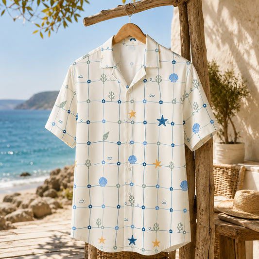 HW-414-Pastel Tropical Stamp Hawaiian Shirt Retro Coastal Vacation Beachwear Top