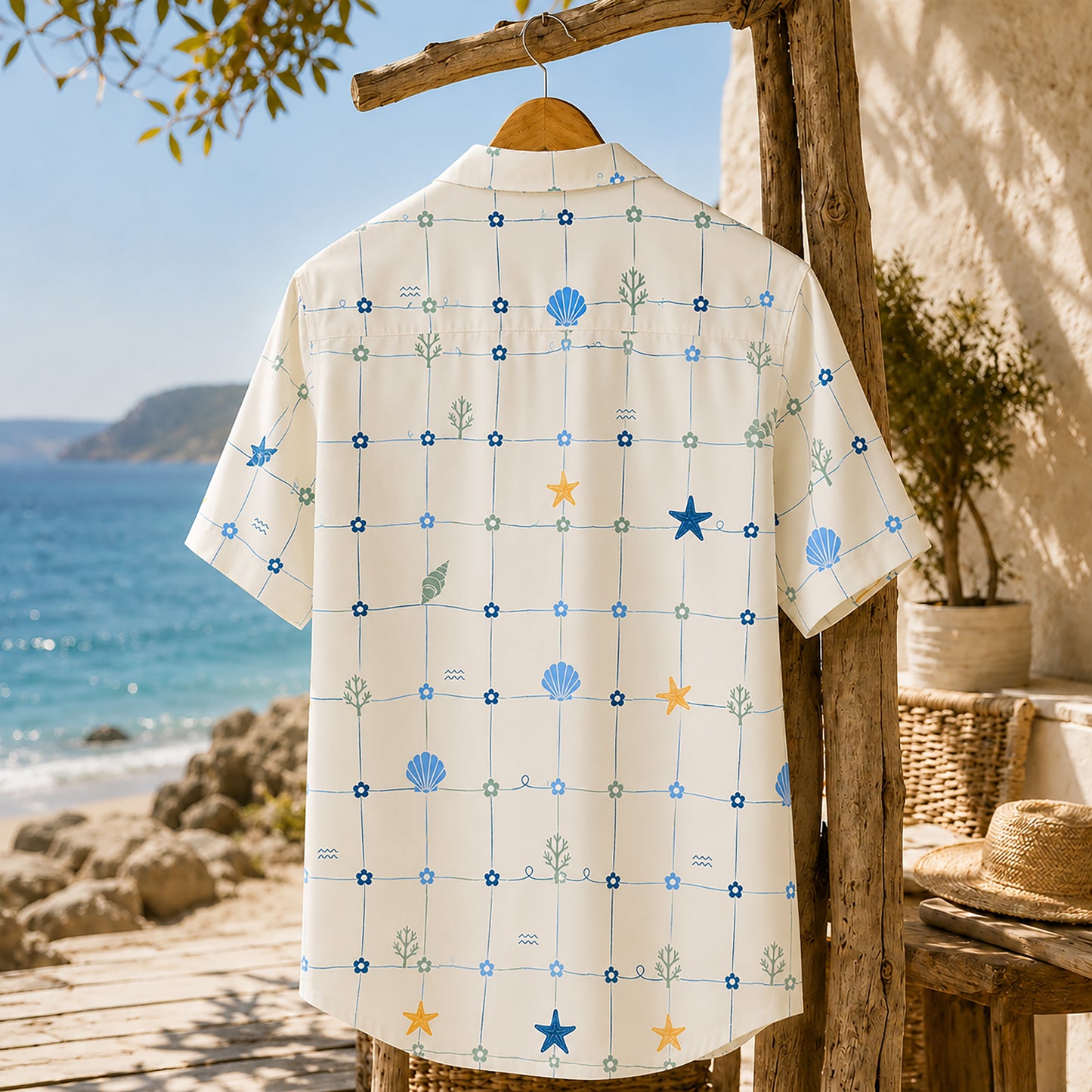 HW-414-Pastel Tropical Stamp Hawaiian Shirt Retro Coastal Vacation Beachwear Top