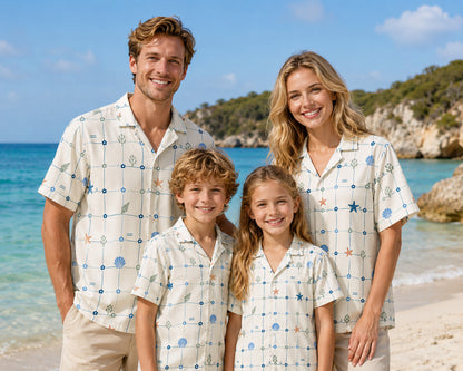 HW-414-Pastel Tropical Stamp Hawaiian Shirt Retro Coastal Vacation Beachwear Top