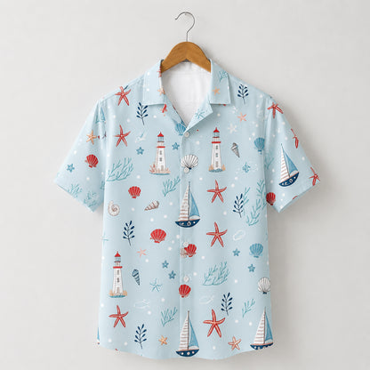 HW-415-Nautical Lighthouse Sailboat Starfish Shell Pattern Print Light Blue Resort Casual Button Down Shirt