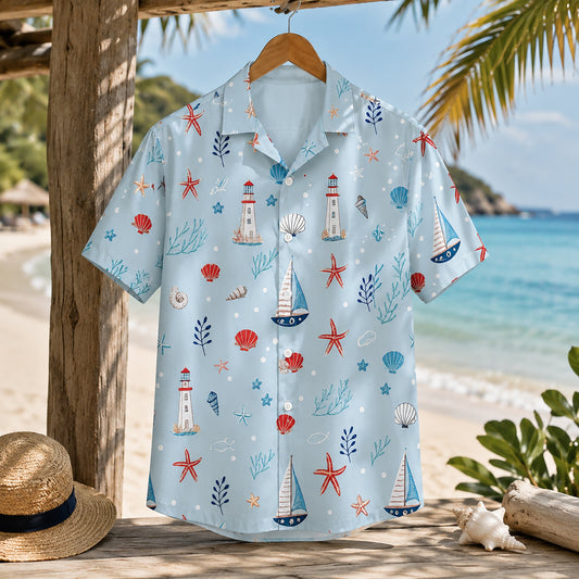 HW-415-Nautical Lighthouse Sailboat Starfish Shell Pattern Print Light Blue Resort Casual Button Down Shirt