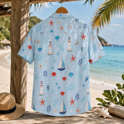 HW-415-Nautical Lighthouse Sailboat Starfish Shell Pattern Print Light Blue Resort Casual Button Down Shirt