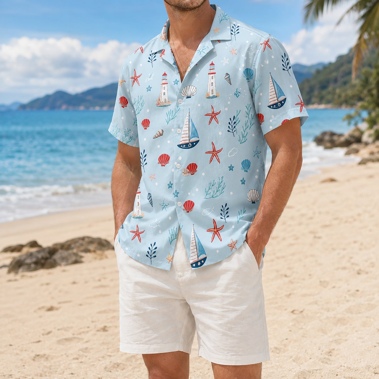 HW-415-Nautical Lighthouse Sailboat Starfish Shell Pattern Print Light Blue Resort Casual Button Down Shirt