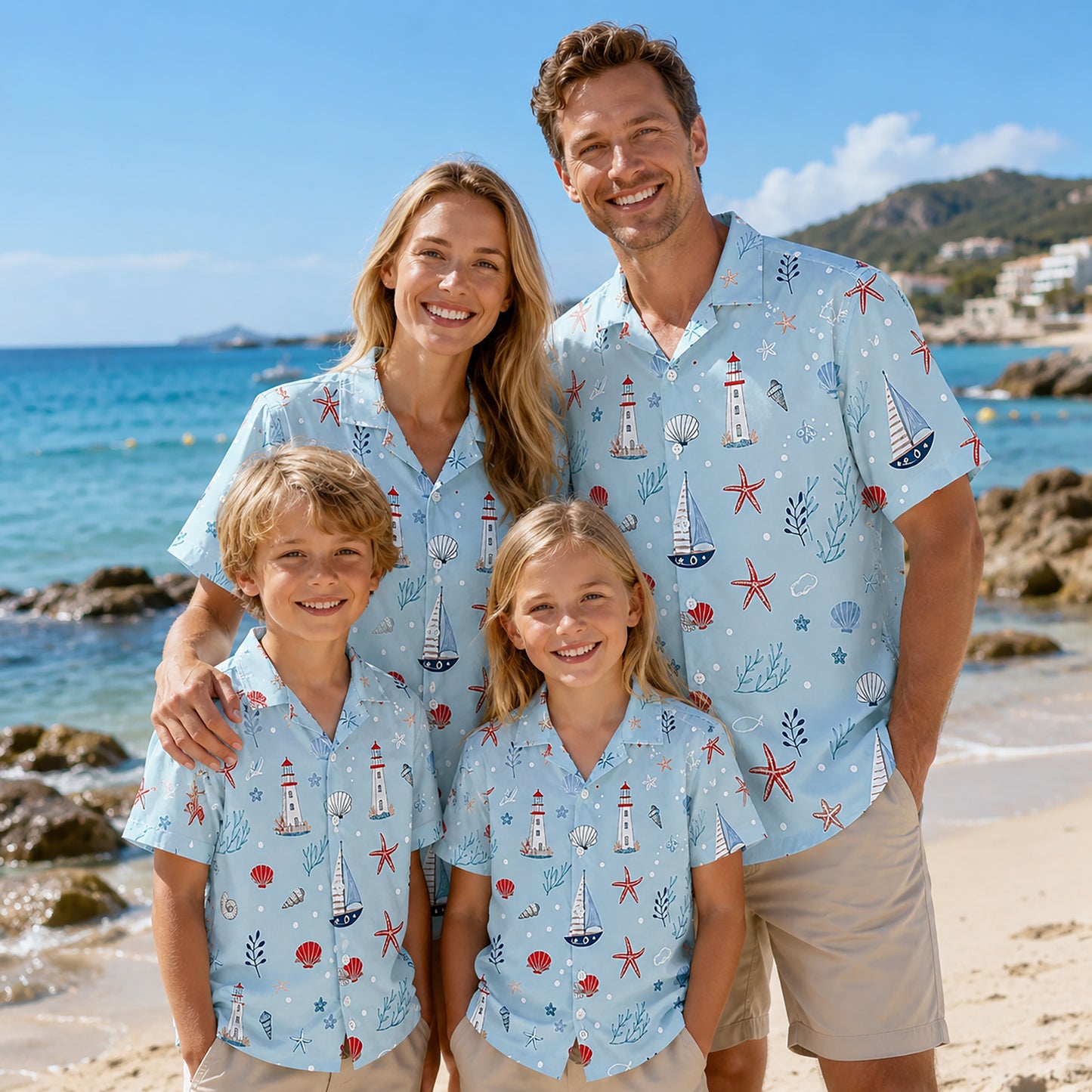 HW-415-Nautical Lighthouse Sailboat Starfish Shell Pattern Print Light Blue Resort Casual Button Down Shirt