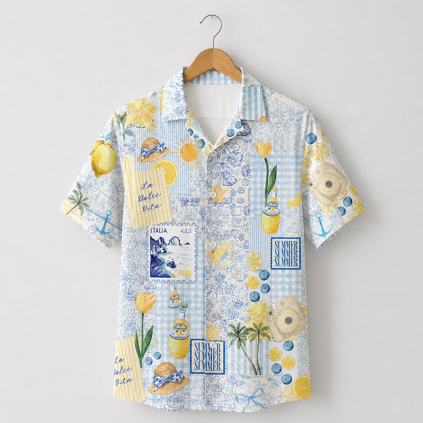 HW-416-Mediterranean Italian Capri Lemon And Vintage Patchwork Print Relaxed Fit Resort Wear Hawaiian Shirt