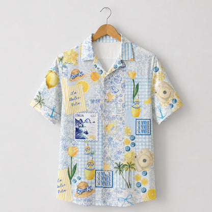 HW-416-Mediterranean Italian Capri Lemon And Vintage Patchwork Print Relaxed Fit Resort Wear Hawaiian Shirt