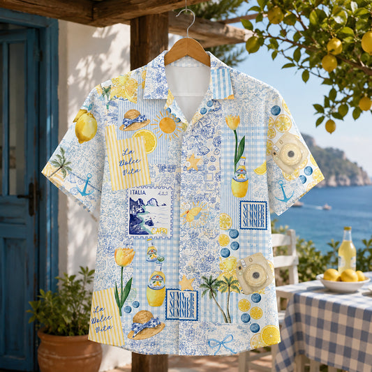 HW-416-Mediterranean Italian Capri Lemon And Vintage Patchwork Print Relaxed Fit Resort Wear Hawaiian Shirt