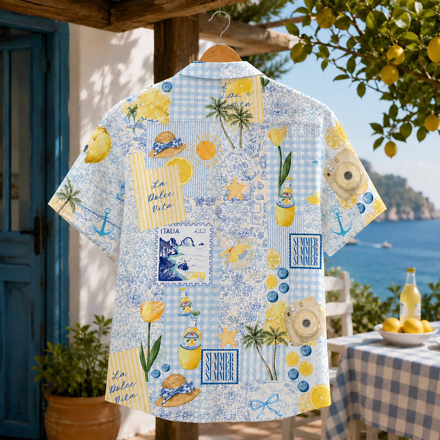HW-416-Mediterranean Italian Capri Lemon And Vintage Patchwork Print Relaxed Fit Resort Wear Hawaiian Shirt