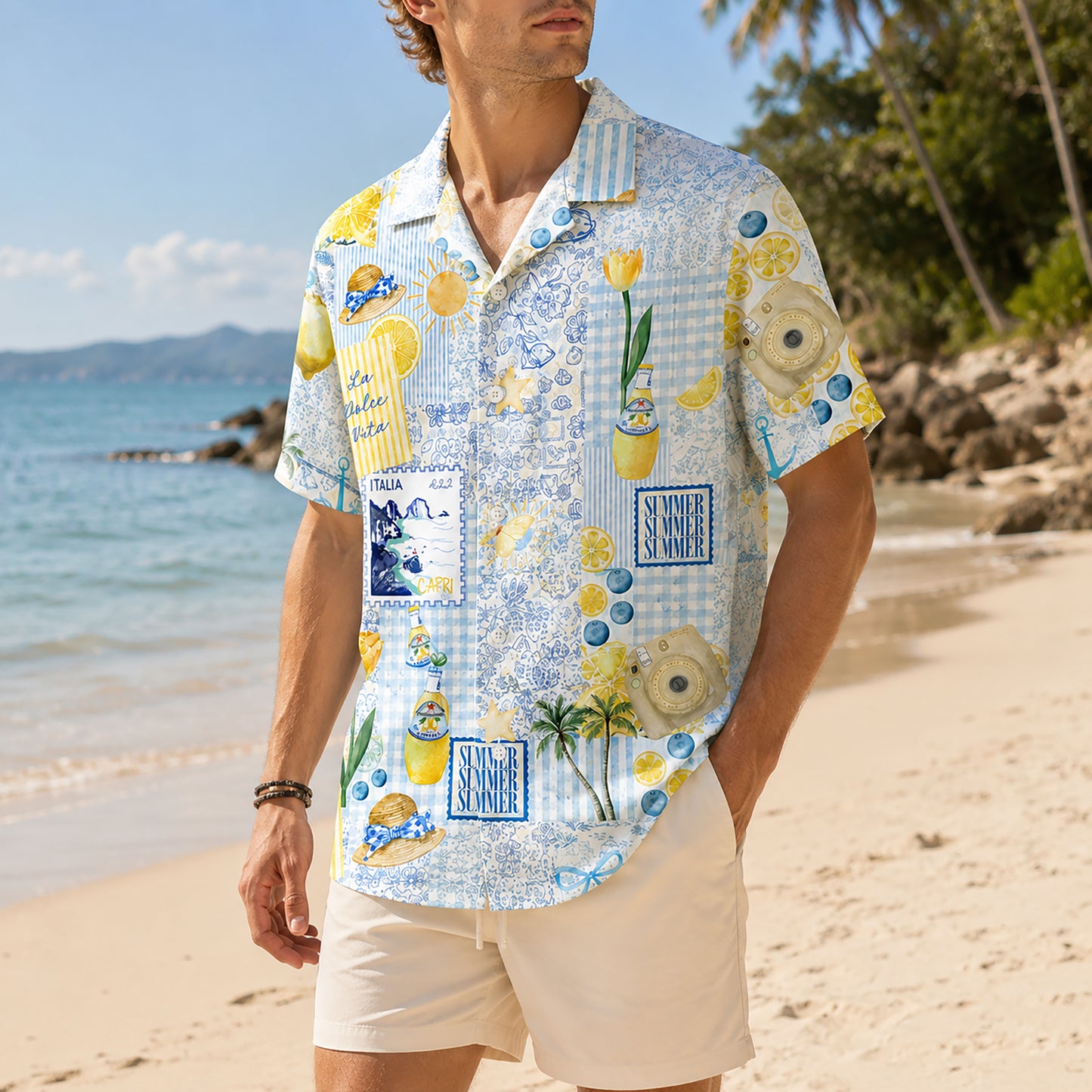 HW-416-Mediterranean Italian Capri Lemon And Vintage Patchwork Print Relaxed Fit Resort Wear Hawaiian Shirt