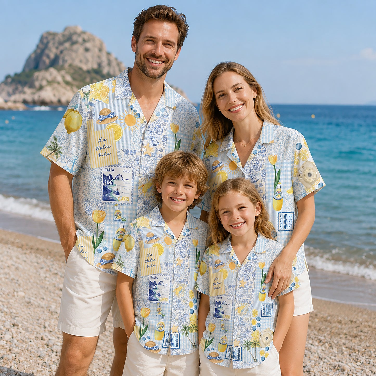 HW-416-Mediterranean Italian Capri Lemon And Vintage Patchwork Print Relaxed Fit Resort Wear Hawaiian Shirt