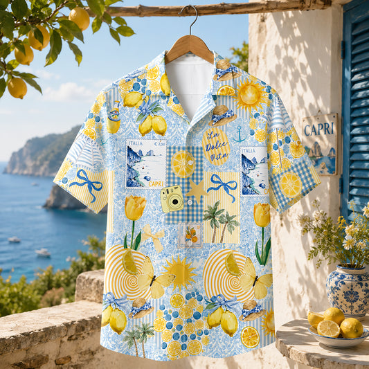 HW-417-Vibrant Italian Lemon And Sunny Seaside Patchwork Print Breathable Vacation Wear Hawaiian Shirt