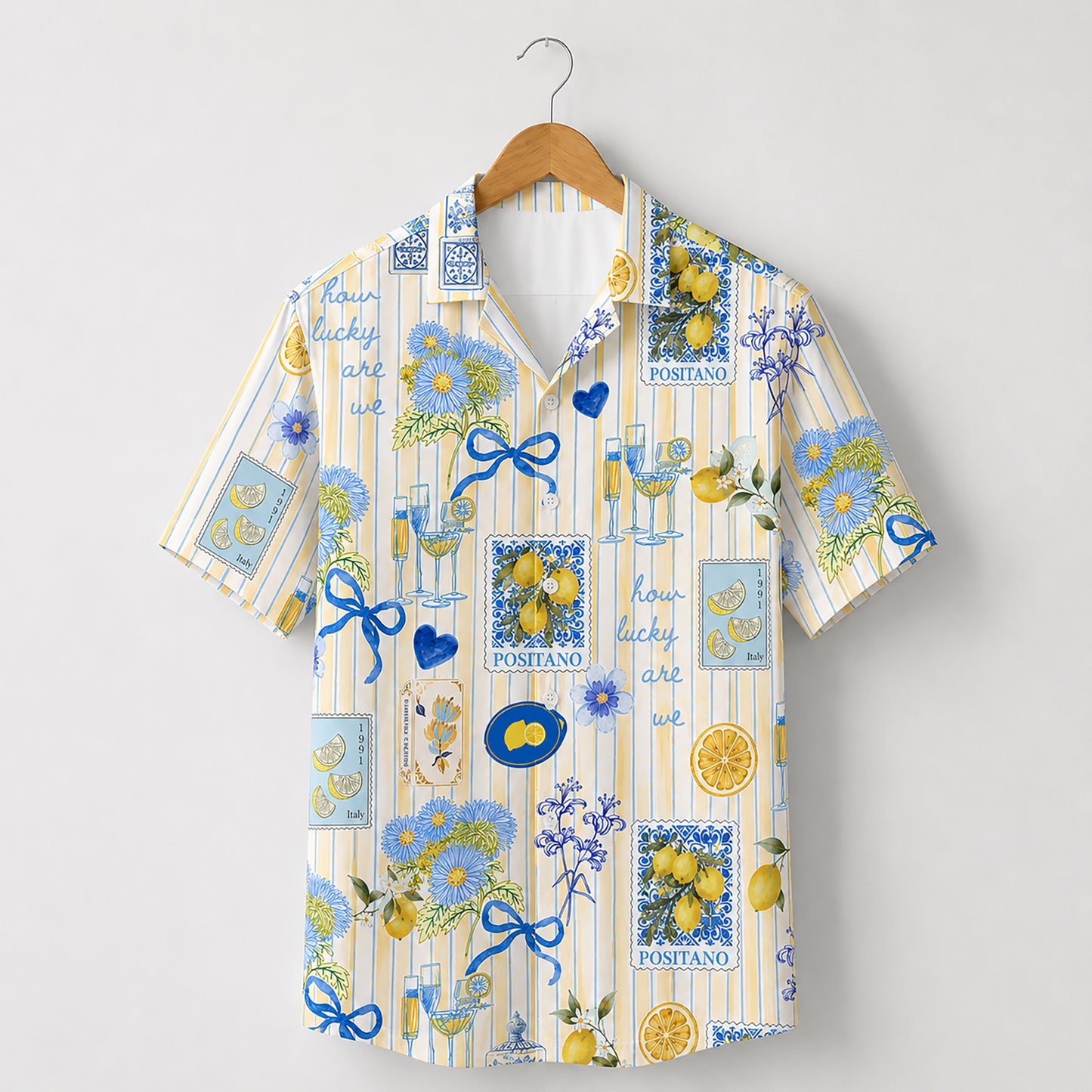 HW-418-Positano Lemon And Blue Floral Bow Striped Print Casual Summer Resort Wear Hawaiian Shirt