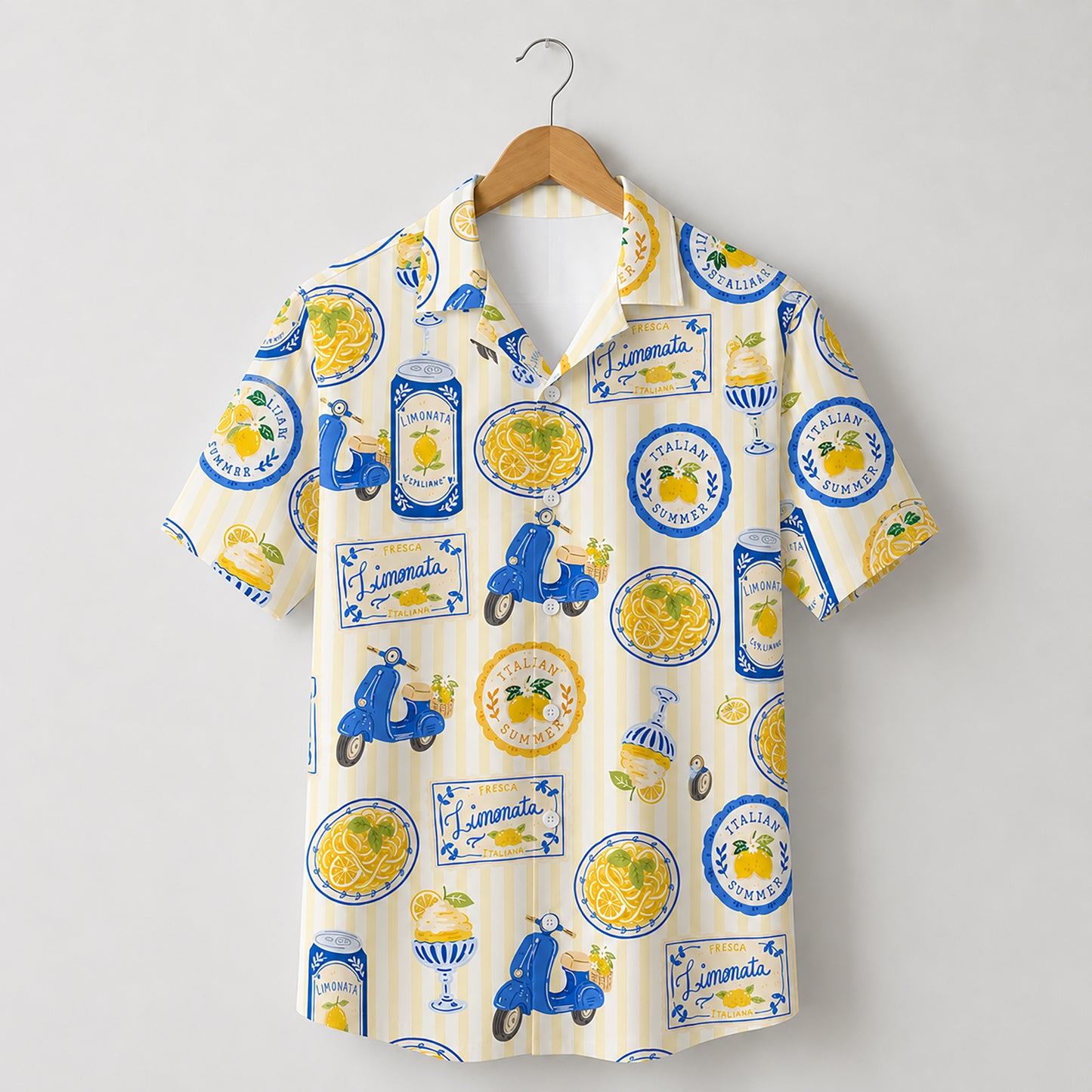 HW-419-Italian Summer Limonata Scooter And Pasta Print Yellow Striped Casual Resort Hawaiian Shirt