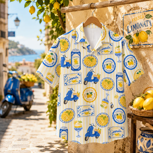 HW-419-Italian Summer Limonata Scooter And Pasta Print Yellow Striped Casual Resort Hawaiian Shirt