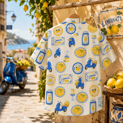 HW-419-Italian Summer Limonata Scooter And Pasta Print Yellow Striped Casual Resort Hawaiian Shirt
