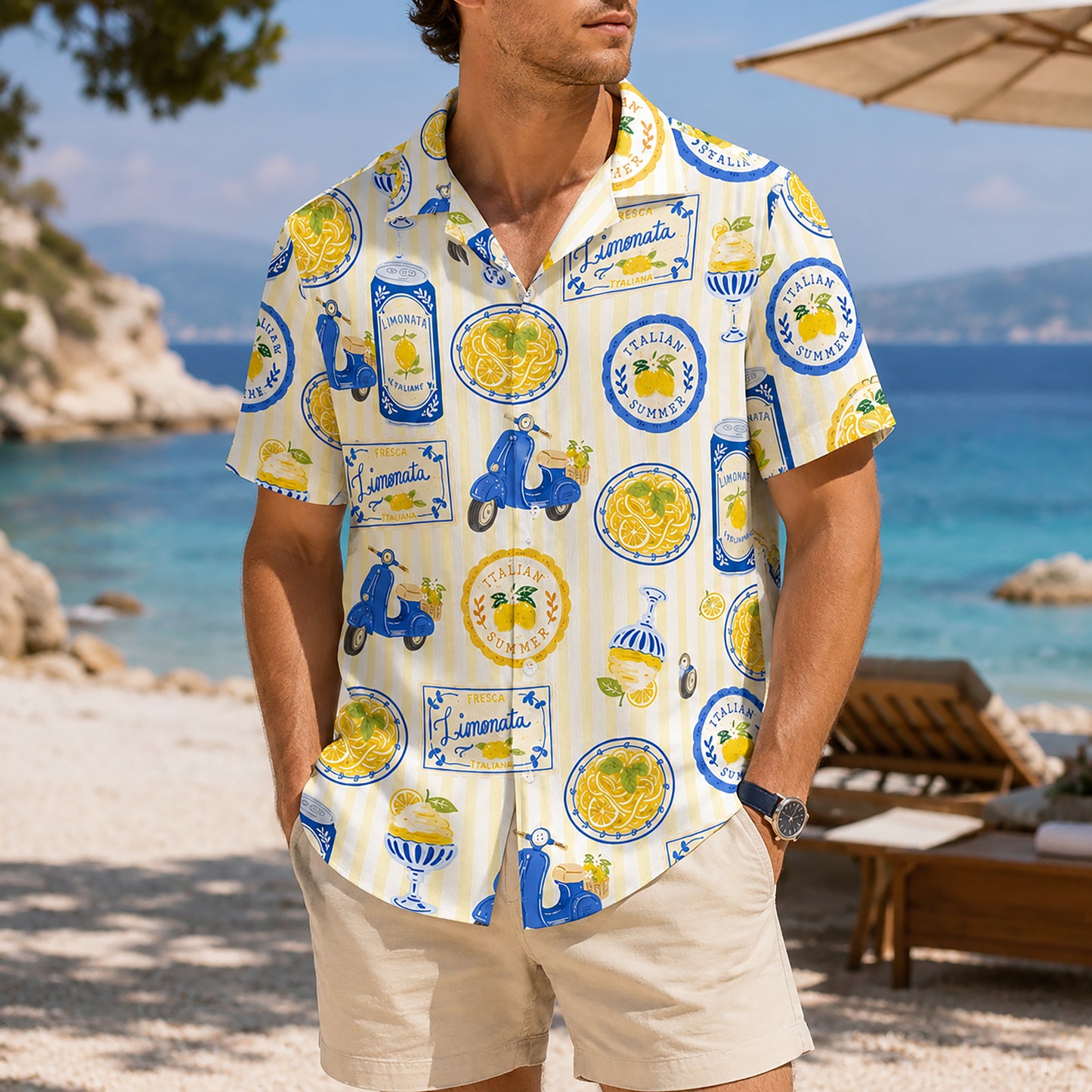 HW-419-Italian Summer Limonata Scooter And Pasta Print Yellow Striped Casual Resort Hawaiian Shirt